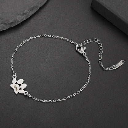 Paw Engraved Name Bracelet, Personalized Elegant Dog Paw Bracelet, Minimalist Paw Bracelet