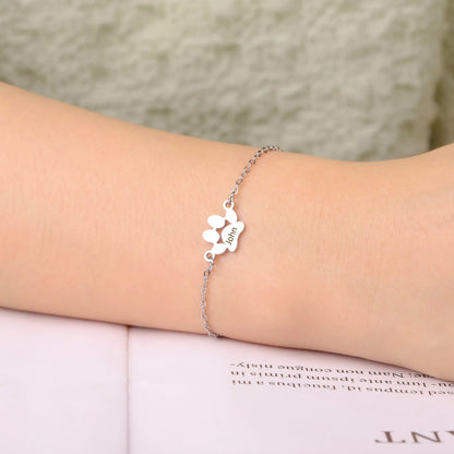 Paw Engraved Name Bracelet, Personalized Elegant Dog Paw Bracelet, Minimalist Paw Bracelet